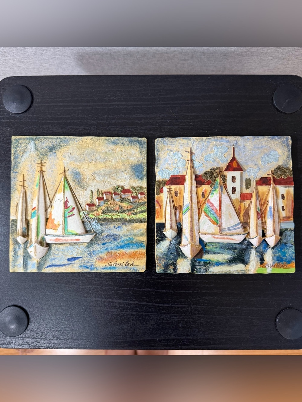Silvia Vassileva Pair Of Sailboats 3D Vintage Resin Wall Art Coastal Decor 5.5”